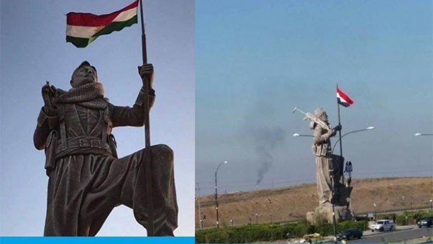 Kerkük'te Peşmerge heykeline Irak bayrağı asıldı
